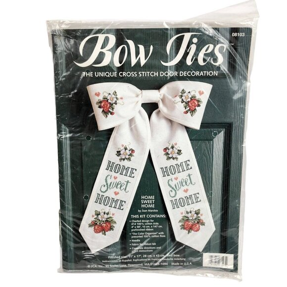 Cross Stitch Kit JCA Bow Ties Door Decor HOME SWEET HOME 08103 Floral 11X17 VTG - Picture 2 of 5